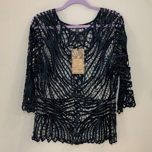 Ethyl Black Open Work Lace 3/4 Sleeve Top, M/L, New With Tags